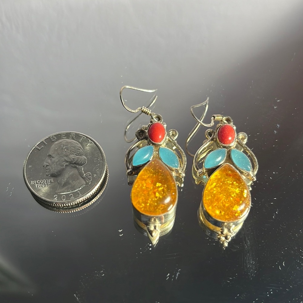 AMBER, CORAL, AND AGATE EARRINGS